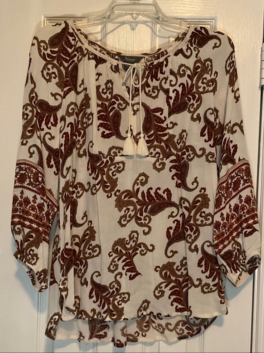 Natural Reflections Cream Tunic with Brown Paisley Motif and Tassels